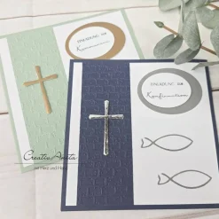 Hot Einladung Einladungskarte zur Kommunion, Konfirmation oder Taufe in Eukalypthus-Silber matt - Christlich Einladungskarten
