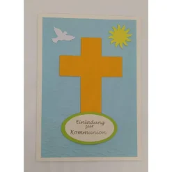 Einladungskarten|Zauberkramtruhe Einladung zur Kommunion DIY-Karte mit Kreuz, Taube, Sonne und geprägten Fischen