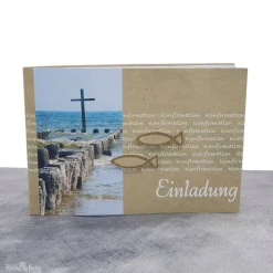 Discount Einladungskarte Konfirmation, Kommunion, Firmung – Kreuz im Meer, Kraftpapieroptik Einladungskarten