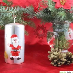 Hot Elegante, hangefertigte silberne Nikolauskerze mit Nikolaus, einem Sack voller Geschenke und Sternen, indivdualisierbar Kerzen & Beleuchtung