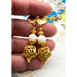 Best Elegante Ohrstecker in goldfarben, weiß, Glasperlen, Hippie Ohrringe, handgemachter Unikatschmuck, Weihnachtsgeschenk Brautschmuck