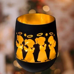 Discount Engel-Windlichter aus Glas mit Lasergravur in schwarz-gold als Geschenkidee | Mitbringsel in 2 Größen 10 cm und 12 cm Kerzen & Beleuchtung
