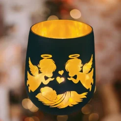 Discount Engel-Windlichter aus Glas mit Lasergravur in schwarz-gold als Geschenkidee | Mitbringsel in 2 Größen 10 cm und 12 cm Kerzen & Beleuchtung