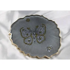 Tischdekoration|CM Resin Design 4er Set Coaster Untersetzer mit Schmetterlingen aus Resin - silber grau - Goldrand - Tischdekoration