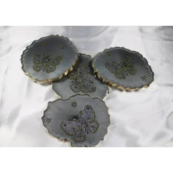 Tischdekoration|CM Resin Design 4er Set Coaster Untersetzer mit Schmetterlingen aus Resin - silber grau - Goldrand - Tischdekoration