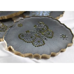 Tischdekoration|CM Resin Design 4er Set Coaster Untersetzer mit Schmetterlingen aus Resin - silber grau - Goldrand - Tischdekoration