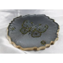 Tischdekoration|CM Resin Design 4er Set Coaster Untersetzer mit Schmetterlingen aus Resin - silber grau - Goldrand - Tischdekoration