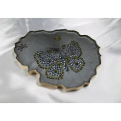 Tischdekoration|CM Resin Design 4er Set Coaster Untersetzer mit Schmetterlingen aus Resin - silber grau - Goldrand - Tischdekoration