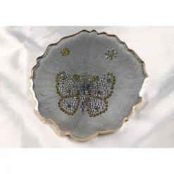 Tischdekoration|CM Resin Design 4er Set Coaster Untersetzer mit Schmetterlingen aus Resin - silber grau - Goldrand - Tischdekoration