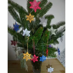 Baumschmuck|akkis-flinke-nadeln 5er Set gehäkelte Weihnachtssterne silber-glänzend – Handgemachte Baumdeko & Christbaumschmuck