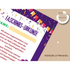 Deko|Herzblutmaedl Faschingsurkunde für den Kinderfasching als Mitgebsel | Urkunde Fasching | A4 | Urkunden ausdrucken | Kinderparty |