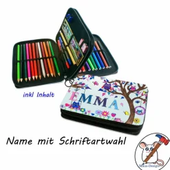 Clearance Federmäppchen inkl. Inhalt Motiv Eulen mit Name / personalisierbar Kinder Federmäppchen
