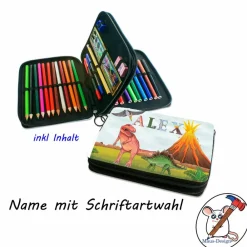 Sale Federmäppchen inkl. Inhalt Motiv Dino mit Name / personalisierbar / Dinosaurier / T-Rex / Stegosaurus Kinder Federmäppchen