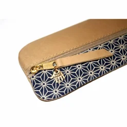 Clearance Federmäppchen Leder & Stoff „Asanoha” blau beige Federmäppchen
