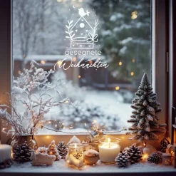 Sticker & Aufkleber|frickelfrieda Fensterdeko Schriftzug gesegnete Weihnachten Fensterbild Weihnachtsdekoration Häuschen Vogel 2 Farben 3 Größen