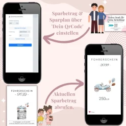Outlet Führerschein Zuschuss | Geldgeschenk | Personalisiertes Virtuelles Sparbuch | QrCode Bild | Auto Blau Geldgeschenke