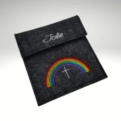 Hot Filztäschchen Rosenkranz NAME REGENBOGEN Kreuz personalisierbar Rosenkranztasche Wollfilz Rosenkranztäschchen