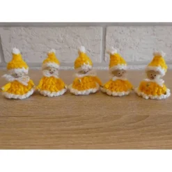 Clearance fünf gehäkelte Wichtel -gelb-weiß Weihnachtsdeko