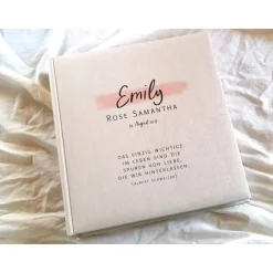 Sale Fotoalbum echtes Leinen personalisierbar Taufe Geburt Calligraphie Minimalismus Gästebuch Geschenkverpackungen