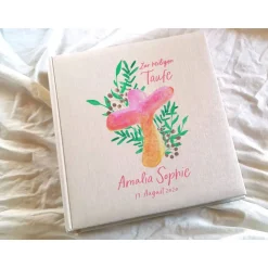 Best Fotoalbum echtes Leinen personalisierbar Taufe Geburt Aquarell Kreuz Greenery Gästebuch Geschenkverpackungen