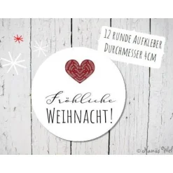 Sticker & Aufkleber|Nanös Welt Fröhliche Weihnacht! mit Herz auf 12 Papieraufklebern in rot mit schwarz-weiß 4cm rund