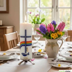 Sale Friede sei mit Euch – Christliche Osterkerze handverziert mit Fisch, Kreuz, Regenbogen & Alpha/Omega Osterkerzen