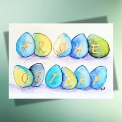 Online Frohe Ostern & bunte Eier – Nachhaltige Aquarellkarte als Klappkarte oder Postkarte Osterkarten