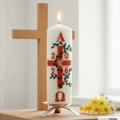 Clearance Garten des Lebens – Festliche Osterkerze handverziert mit Blumenranke, Kreuz & Alpha/Omega, christliche Echtwachskunst Osterkerzen