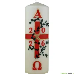 Clearance Garten des Lebens – Festliche Osterkerze handverziert mit Blumenranke, Kreuz & Alpha/Omega, christliche Echtwachskunst Osterkerzen
