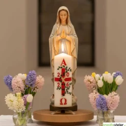 Clearance Garten des Lebens – Festliche Osterkerze handverziert mit Blumenranke, Kreuz & Alpha/Omega, christliche Echtwachskunst Osterkerzen