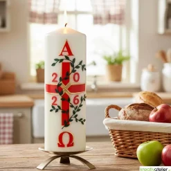 Clearance Garten des Lebens – Festliche Osterkerze handverziert mit Blumenranke, Kreuz & Alpha/Omega, christliche Echtwachskunst Osterkerzen