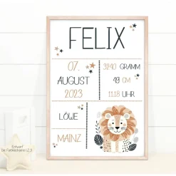 Best Geburtstafel Löwe, Geschenk Geburt Baby, Geburtstag, Geburtsposter, Geburtsanzeige Geschenke