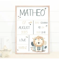Best Geburtstafel Löwe, Geschenk Geburt Baby, Geburtstag, Geburtsposter, Geburtsanzeige Geschenke