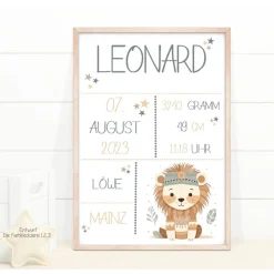 Best Geburtstafel Löwe, Geschenk Geburt Baby, Geburtstag, Geburtsposter, Geburtsanzeige Geschenke