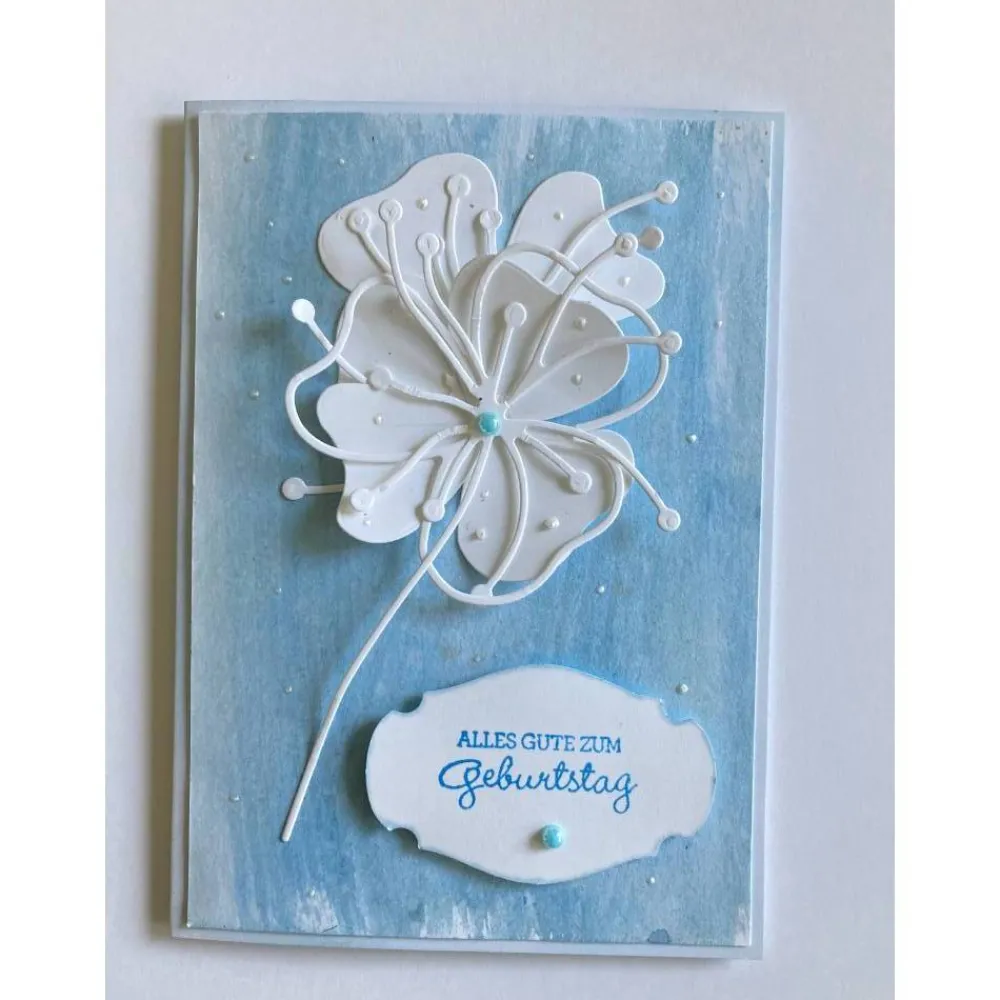 Clearance Geburtstagskarte mit Blumen Blau und hellblauen Perlen Handarbeit Glückwunschkarten