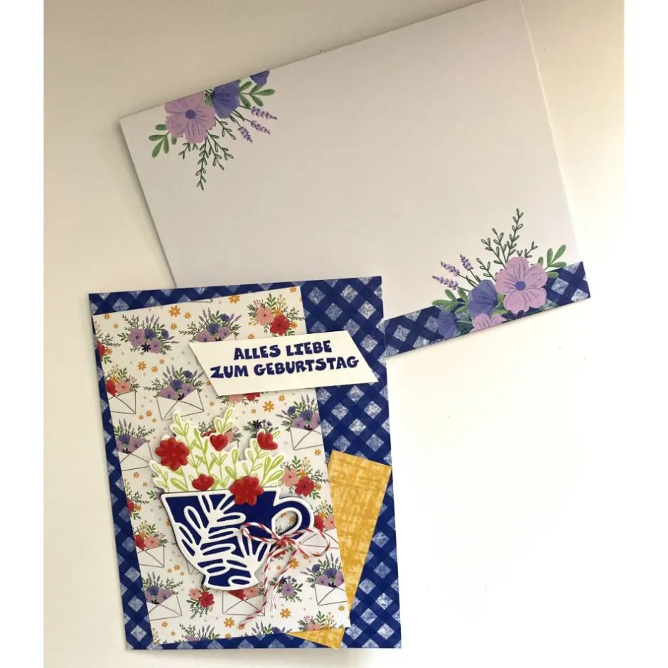Outlet Geburtstagskarten Glückwunschkarte Blumen Tasse 3D Grün Blumig Handgefertigt Unikat Glückwunschkarten
