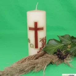 Hot Gedenkkerze in bisquit mit Alpha/Omega braun/gold verziert, Trauerkerze, Trauerkerze personalisiert, Kerze zum Gedenken Trauerkerzen