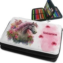 Discount gefüllte Federmappe mit Name | Schulmäppchen mit Pferd rosa Kinder Federmäppchen