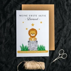 Clearance Geldgeschenk | Meine Erste Aktie | Personalisierte Aktie ETF Kryptowährung QrCode Geschenkkarte | Motiv Löwe Geldgeschenke