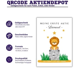 Clearance Geldgeschenk | Meine Erste Aktie | Personalisierte Aktie ETF Kryptowährung QrCode Geschenkkarte | Motiv Löwe Geldgeschenke