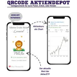 Clearance Geldgeschenk | Meine Erste Aktie | Personalisierte Aktie ETF Kryptowährung QrCode Geschenkkarte | Motiv Löwe Geldgeschenke