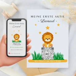 Clearance Geldgeschenk | Meine Erste Aktie | Personalisierte Aktie ETF Kryptowährung QrCode Geschenkkarte | Motiv Löwe Geldgeschenke