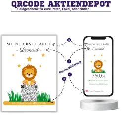 Clearance Geldgeschenk | Meine Erste Aktie | Personalisierte Aktie ETF Kryptowährung QrCode Geschenkkarte | Motiv Löwe Geldgeschenke
