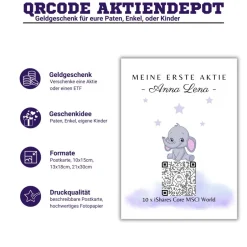 Clearance Geldgeschenk | Meine Erste Aktie | Personalisierte Aktie ETF Kryptowährung QrCode Geschenkkarte | Motiv Elefant Geldgeschenke