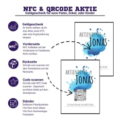 Clearance Geldgeschenk Aktie ETF Kryptowährung | Personalisierter NFC & QrCode Bildständer | Farbklecks Blau Geldgeschenke