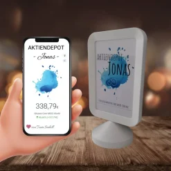 Clearance Geldgeschenk Aktie ETF Kryptowährung | Personalisierter NFC & QrCode Bildständer | Farbklecks Blau Geldgeschenke