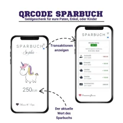 Discount Geldgeschenk für Kinder | Digitales Sparbuch | QrCode Geschenkkarte | Einhorn Geldgeschenke