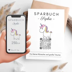 Discount Geldgeschenk für Kinder | Digitales Sparbuch | QrCode Geschenkkarte | Einhorn Geldgeschenke