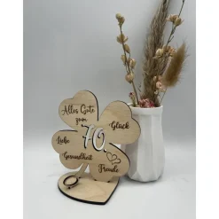 Clearance Geldgeschenk Kleeblatt Holz 70. Geburtstag, 12,5cm oder 18,0cm, Geldgeschenk auf Wunsch mit Namensgravur Geldgeschenke