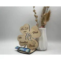 Clearance Geldgeschenk Kleeblatt Holz 70. Geburtstag, 12,5cm oder 18,0cm, Geldgeschenk auf Wunsch mit Namensgravur Geldgeschenke